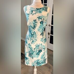 AGB Teal & White Tropical Floral Sleeveless Sheath Dress - Size 6